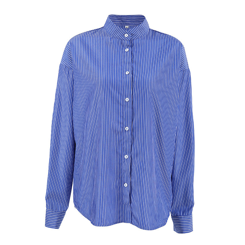 Style Blue White Striped Loose Shirt Blouses