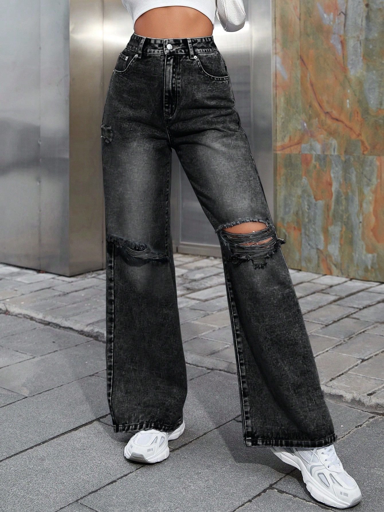 Women's Fashion Holes High Waist Wide Leg Casual Jeans