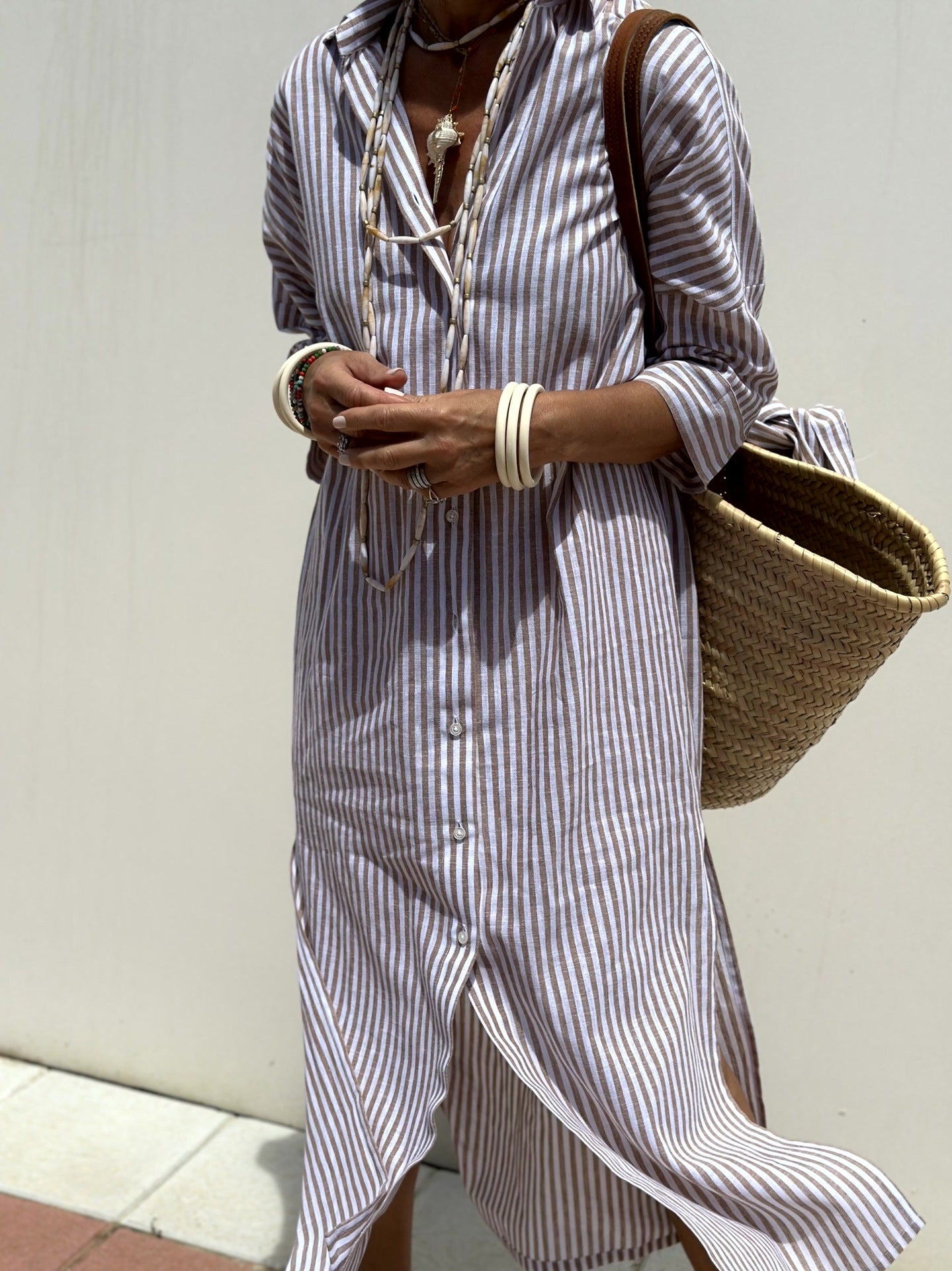 Women's Half Sleeve Striped Lapel Shirt Dress Cardigans