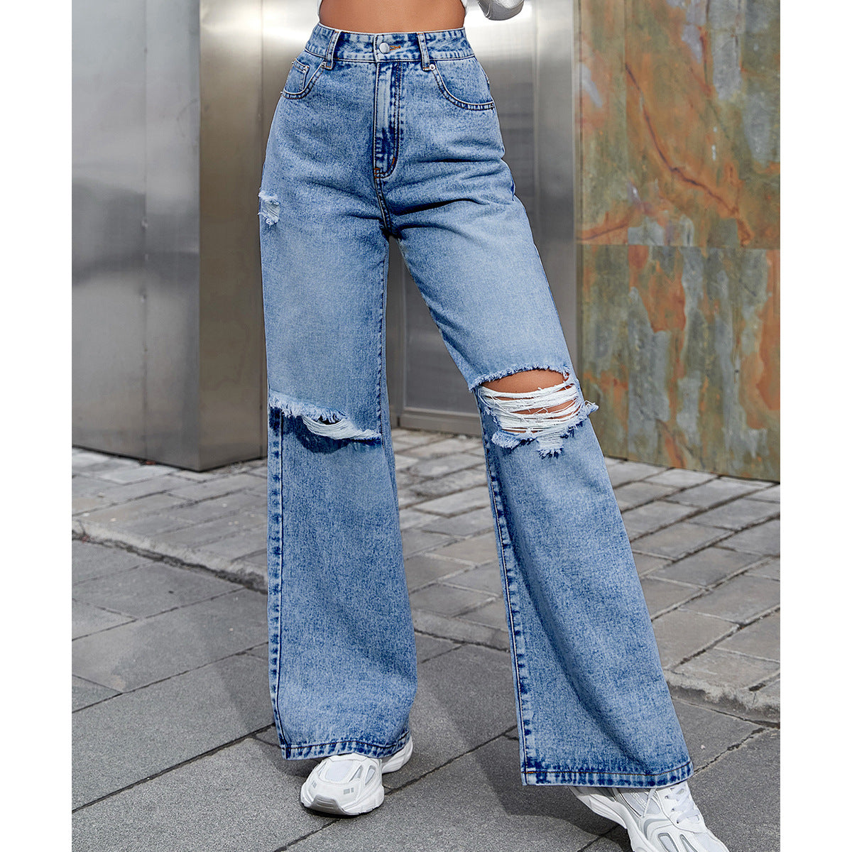 Women's Fashion Holes High Waist Wide Leg Casual Jeans