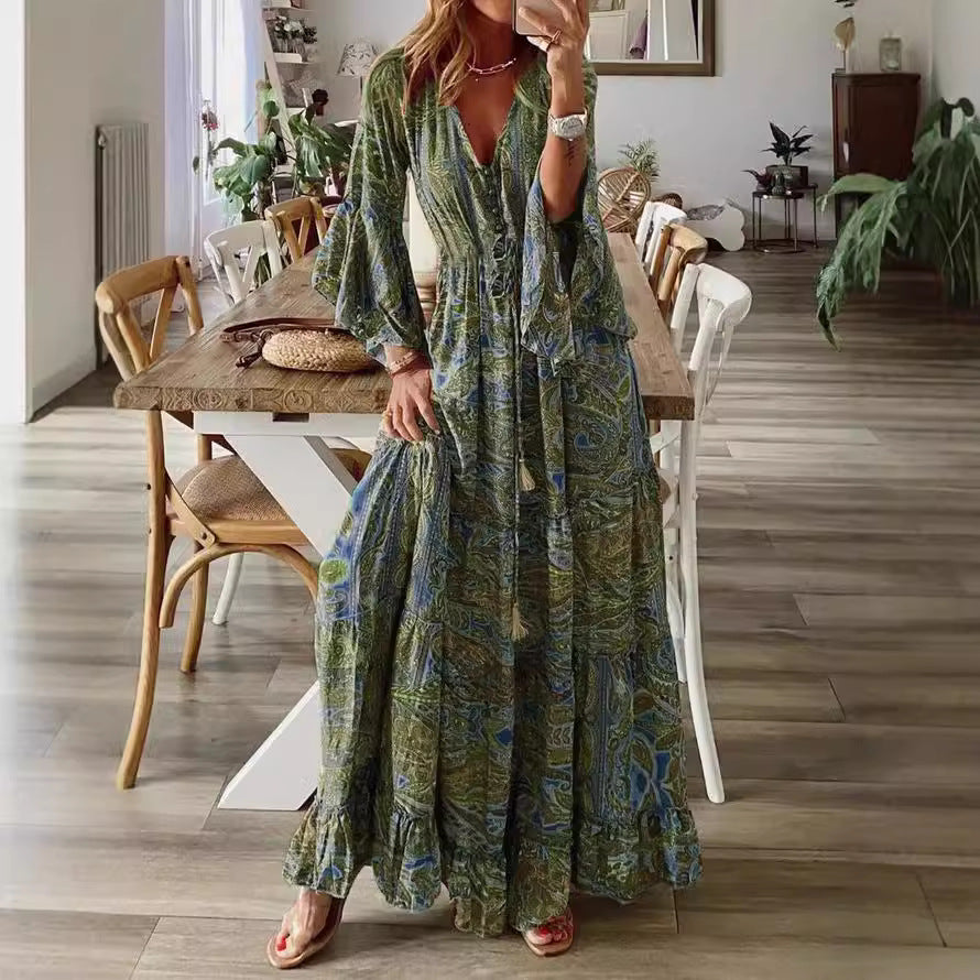 Robe de vacances bohème à manches évasées et taille haute imprimée