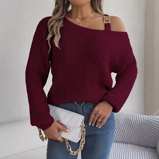 Wind Casual Metal Buckle Patchwork Cold-shoulder Sweaters