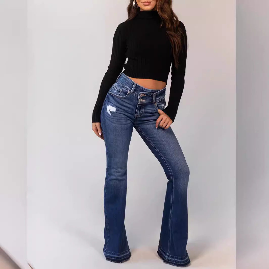 Women's Comfortable Ripped Button Stretch Bell-bottom Jeans