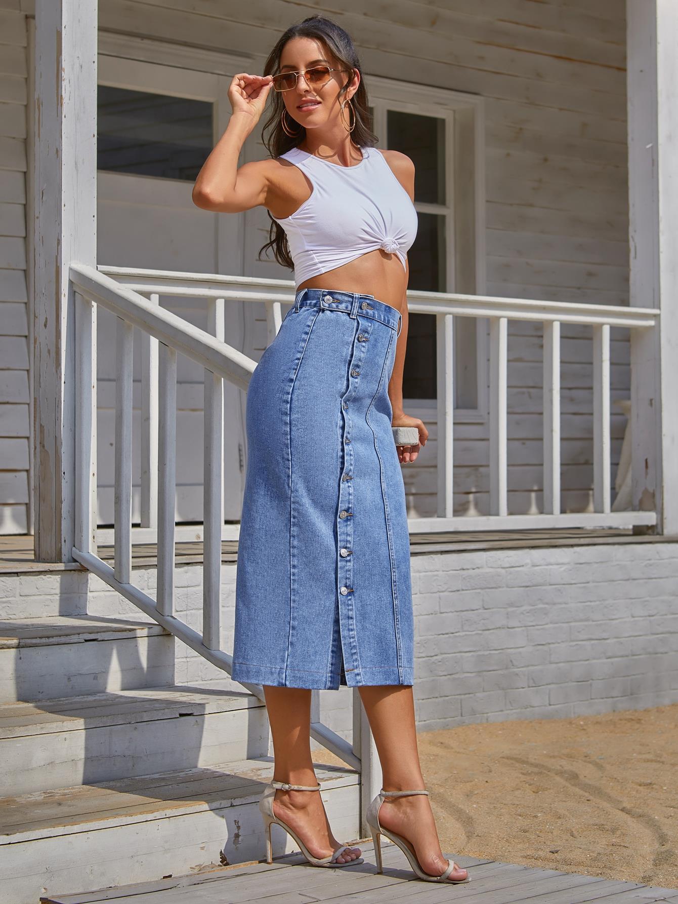 Women's Casual Button Irregular Slit Denim High Skirts