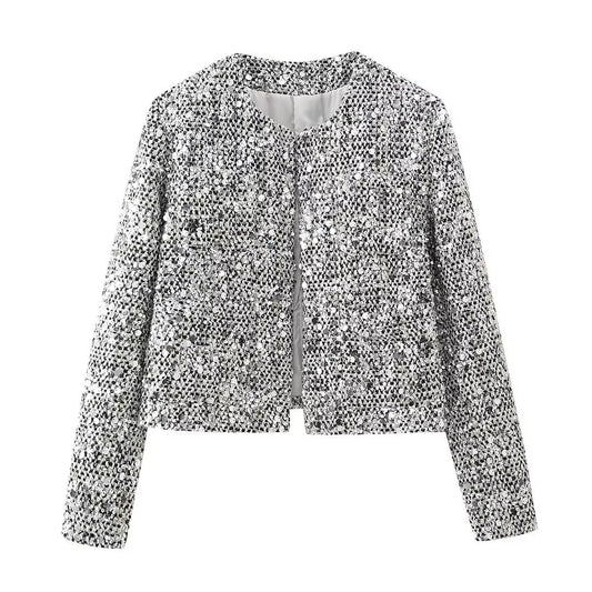 Women's Round Neck Pure Color Sequins Decorative Blazers