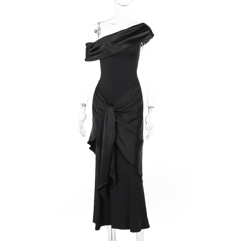 Robe en maille à ruban pour femme, élégante robe noire slim