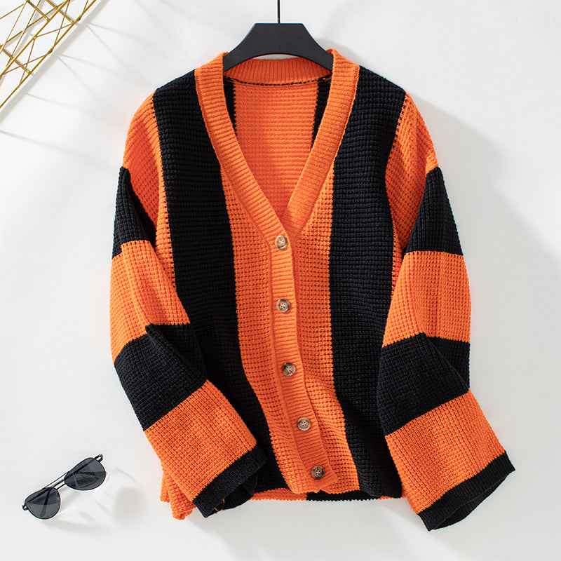 Women's Contrast Color Striped Casual Loose Wear Knitwear