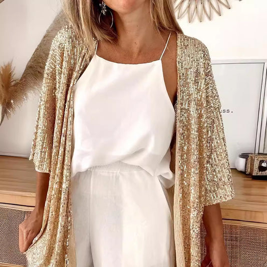 Women's Popular Autumn Sequined Loose Color Coats