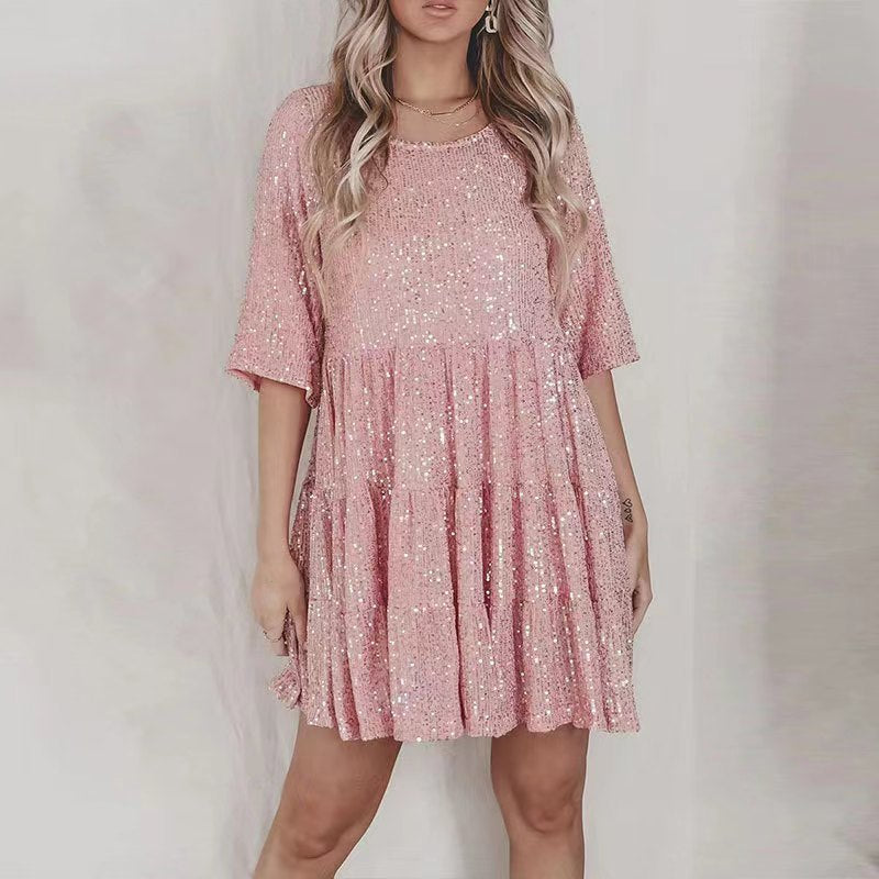 Sequins Round Neck Loose Waist Sleeves Dresses