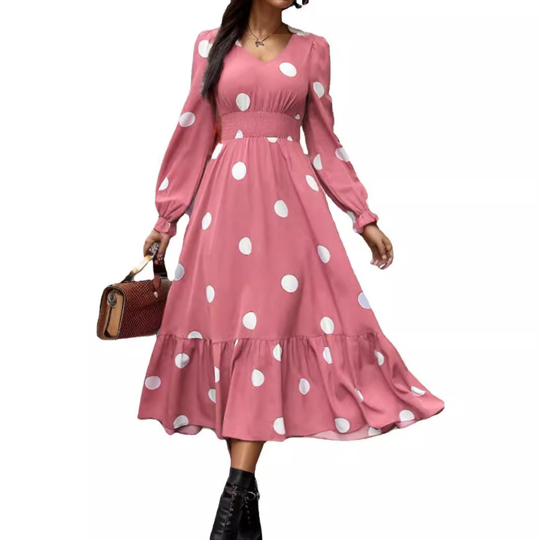 Women's Polka Dot Printed Long Sleeve Big Dresses