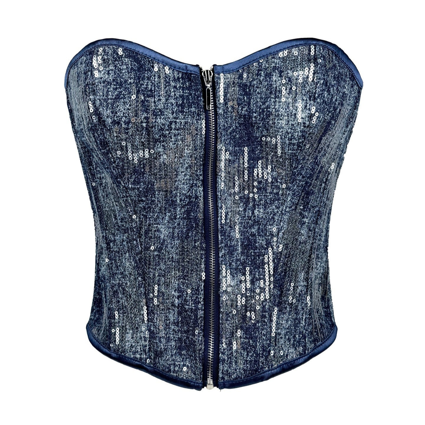 Women's Blue Zipper Strap Sier Paillette Denim Tops