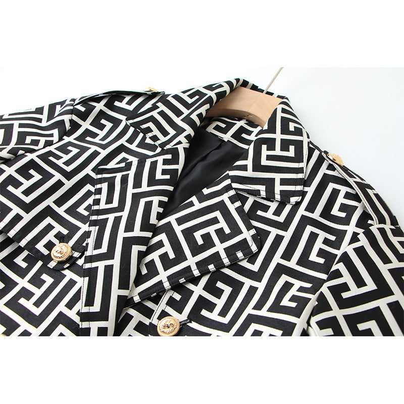 Women's Trench Loose Design Black White Swastika Coats