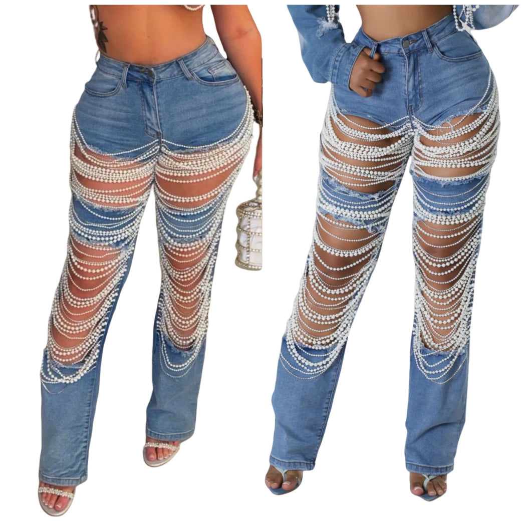 Autumn Stretch Fashion Holes Pearl Chain Jeans