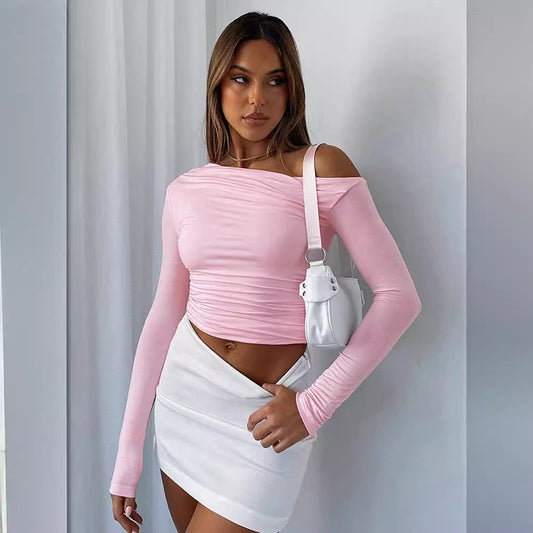 Women's Shoulder Asymmetric Solid Color Long Sleeve Sexy Tops