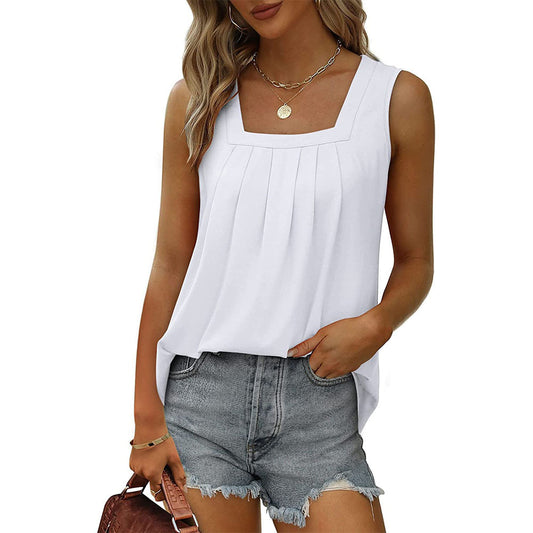 Women's Pleated Square Collar Sleeveless Dovetail T-shirt Tops