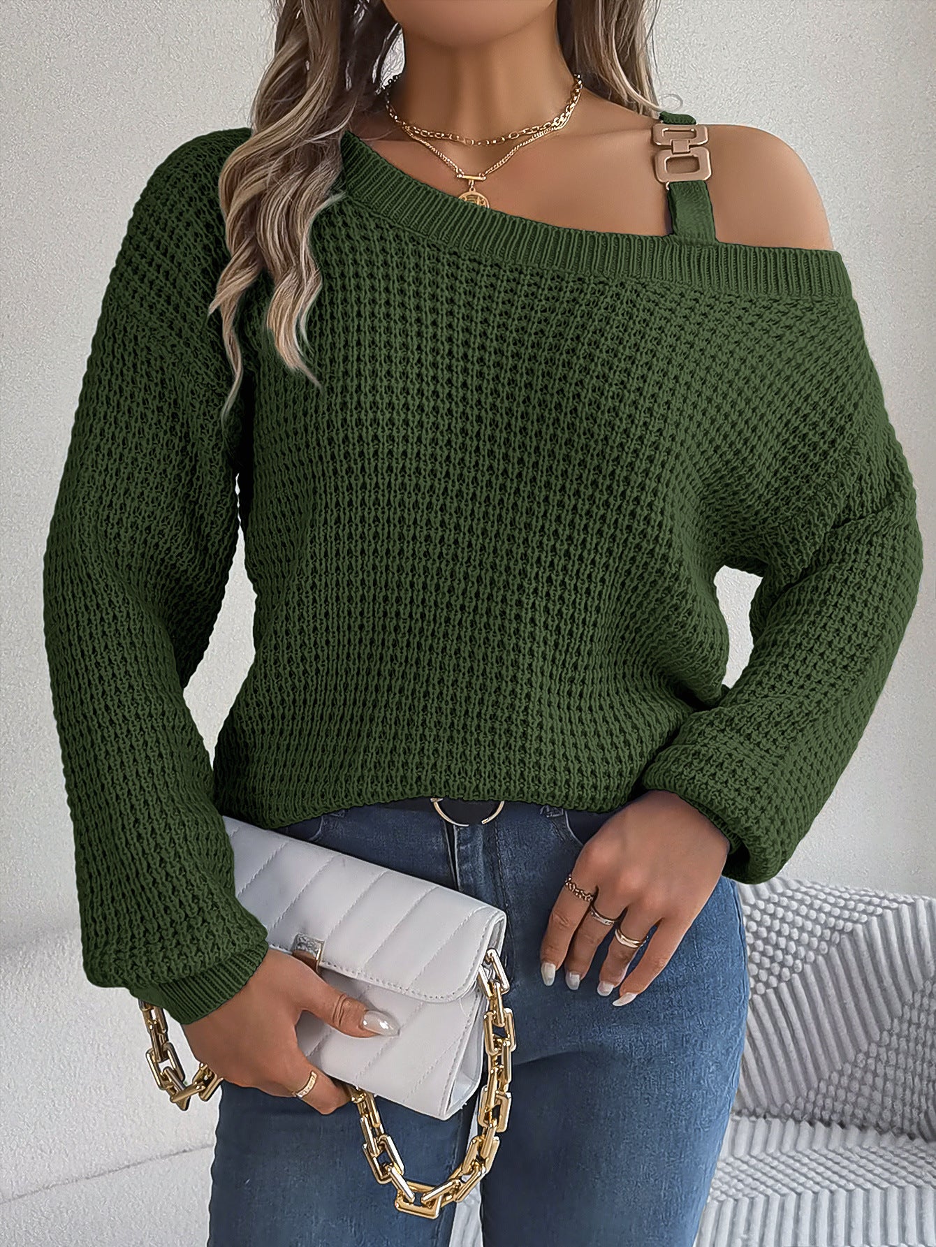 Wind Casual Metal Buckle Patchwork Cold-shoulder Sweaters