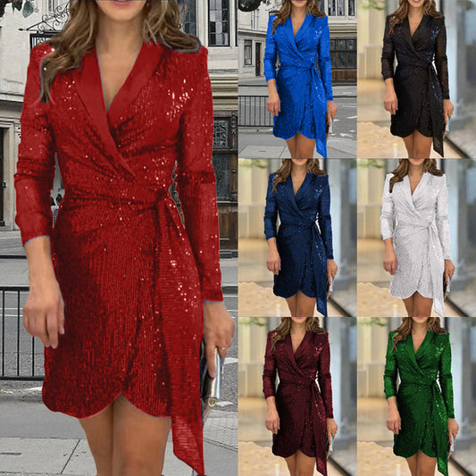 Women's Fashion Sexy Waist Trimming Sequined Collar Suits