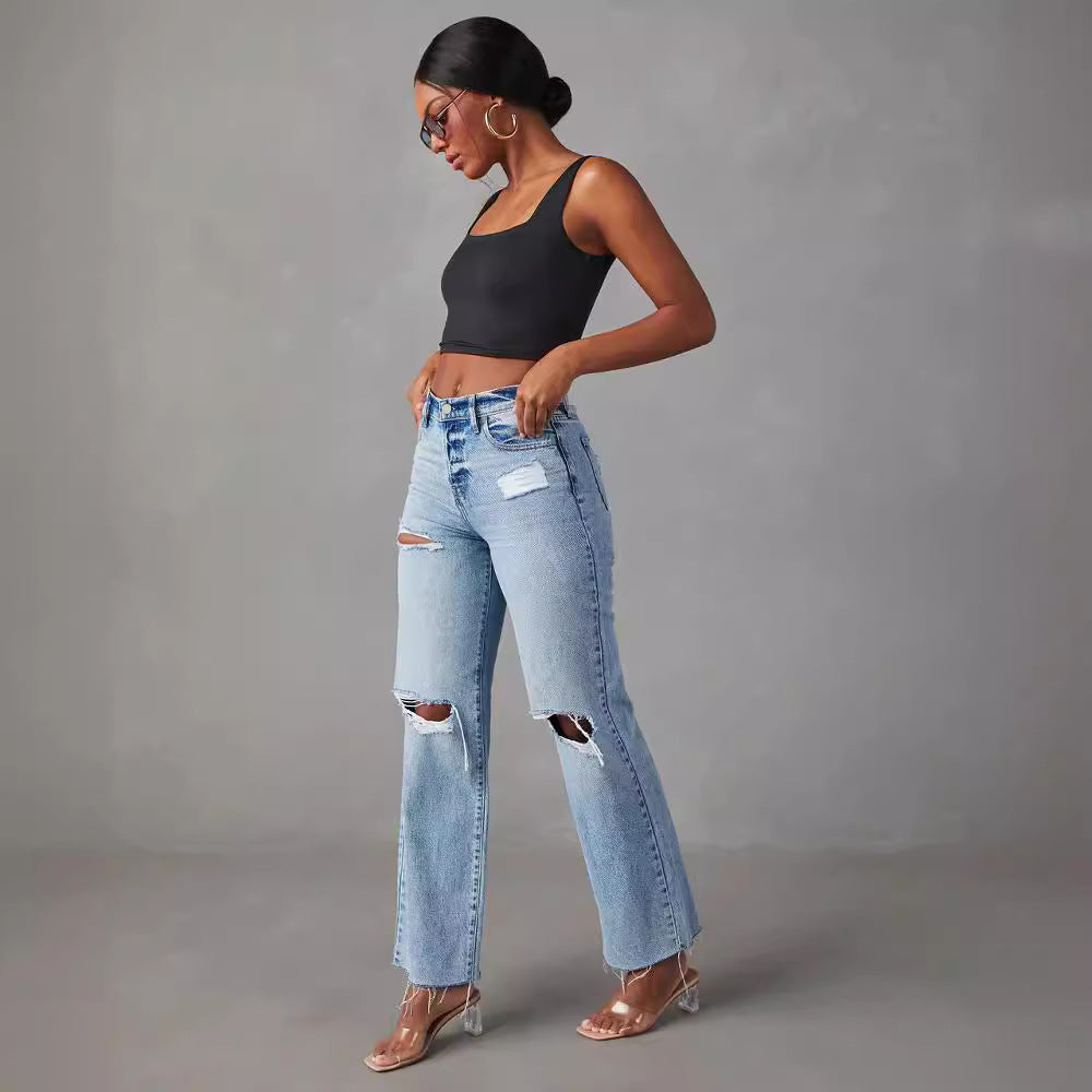 Women's Ripped Raw Hem Leisure Washed-out High Jeans