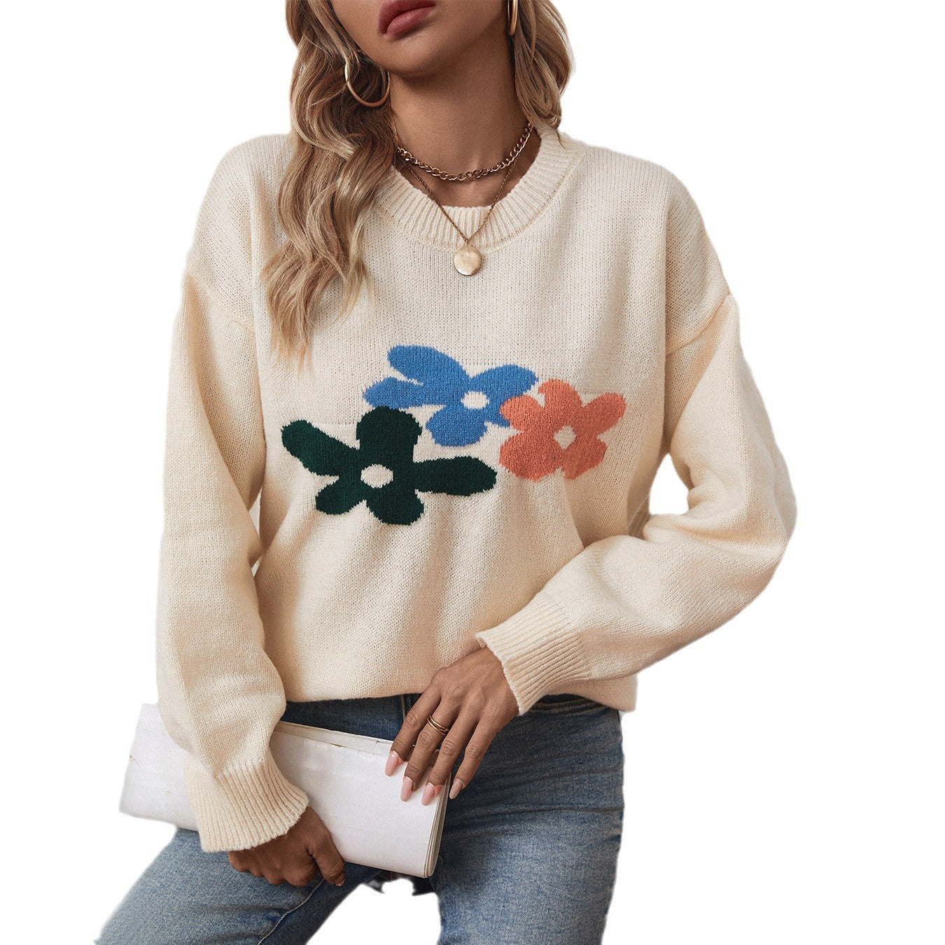 Pulls à col rond décontractés à la mode pour femmes avec motif floral