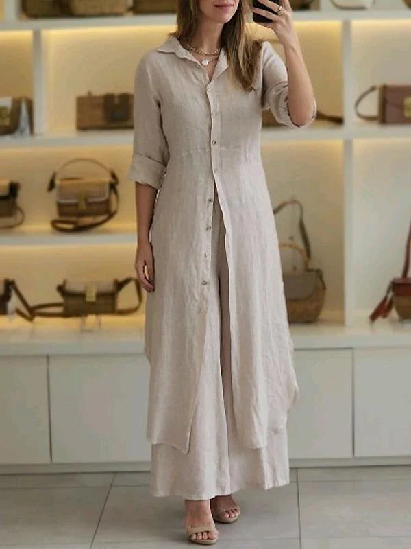 Elegant Cotton Linen Tight Waist Long Shirt Pants