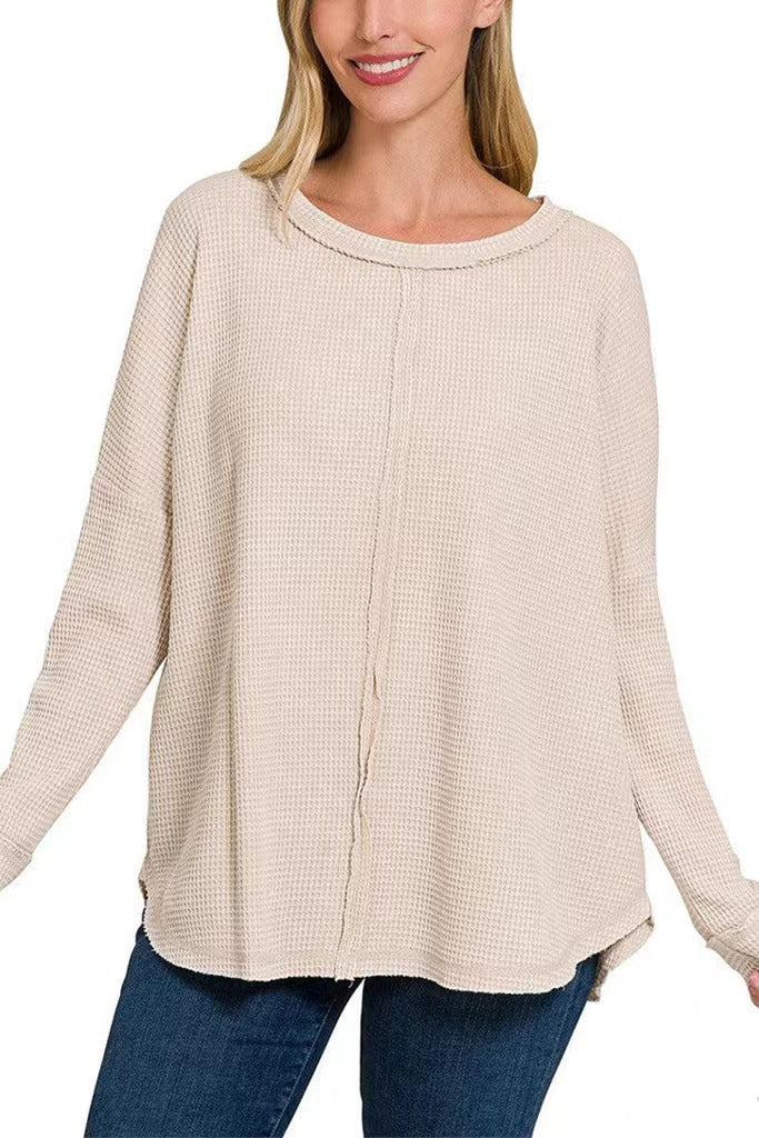 Women's Washed Waffle Cotton Long-sleeved T-shirt For Blouses