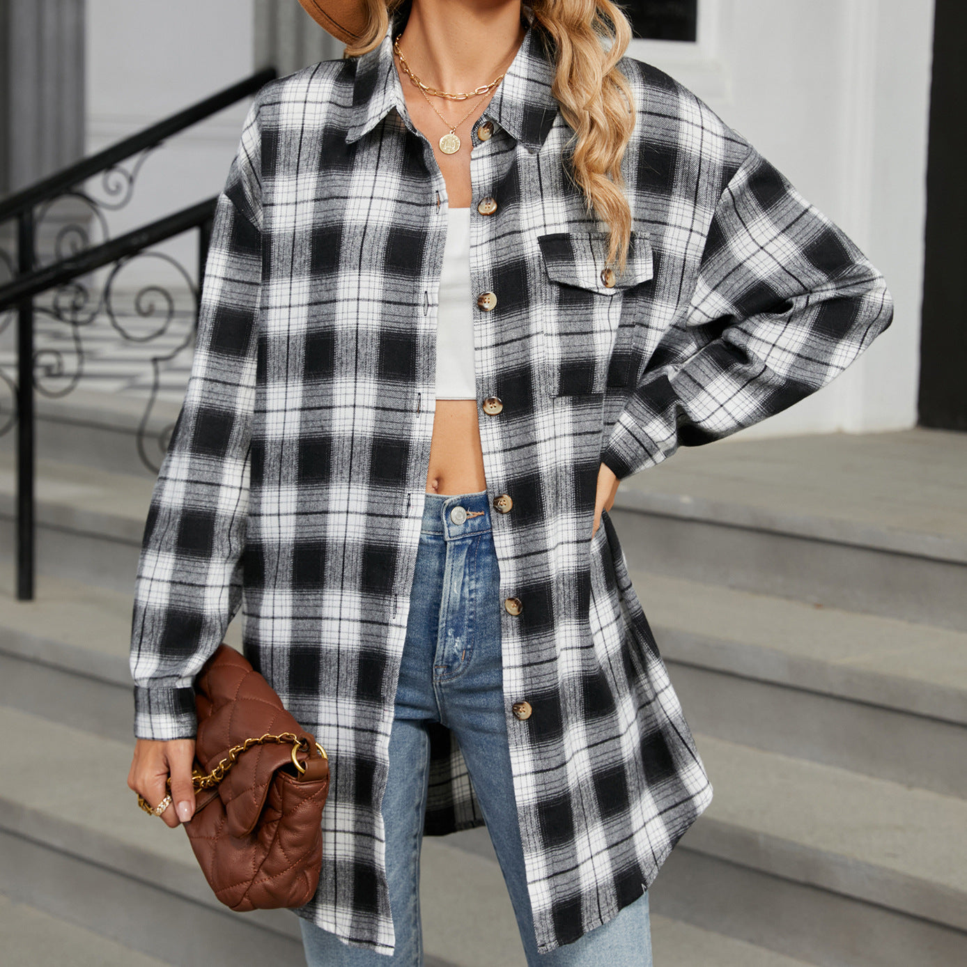 Style Plaid Shirt Brushed Long Sleeve Blouses