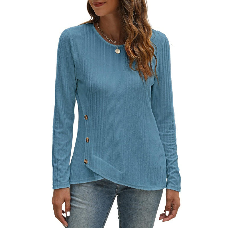 Women's Sunken Stripe Brushed Button Long-sleeved T-shirt Tops