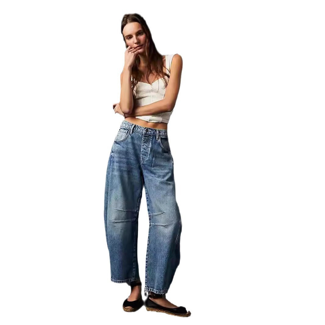 Women's Loose Waist Washed Denim Trousers For Jeans