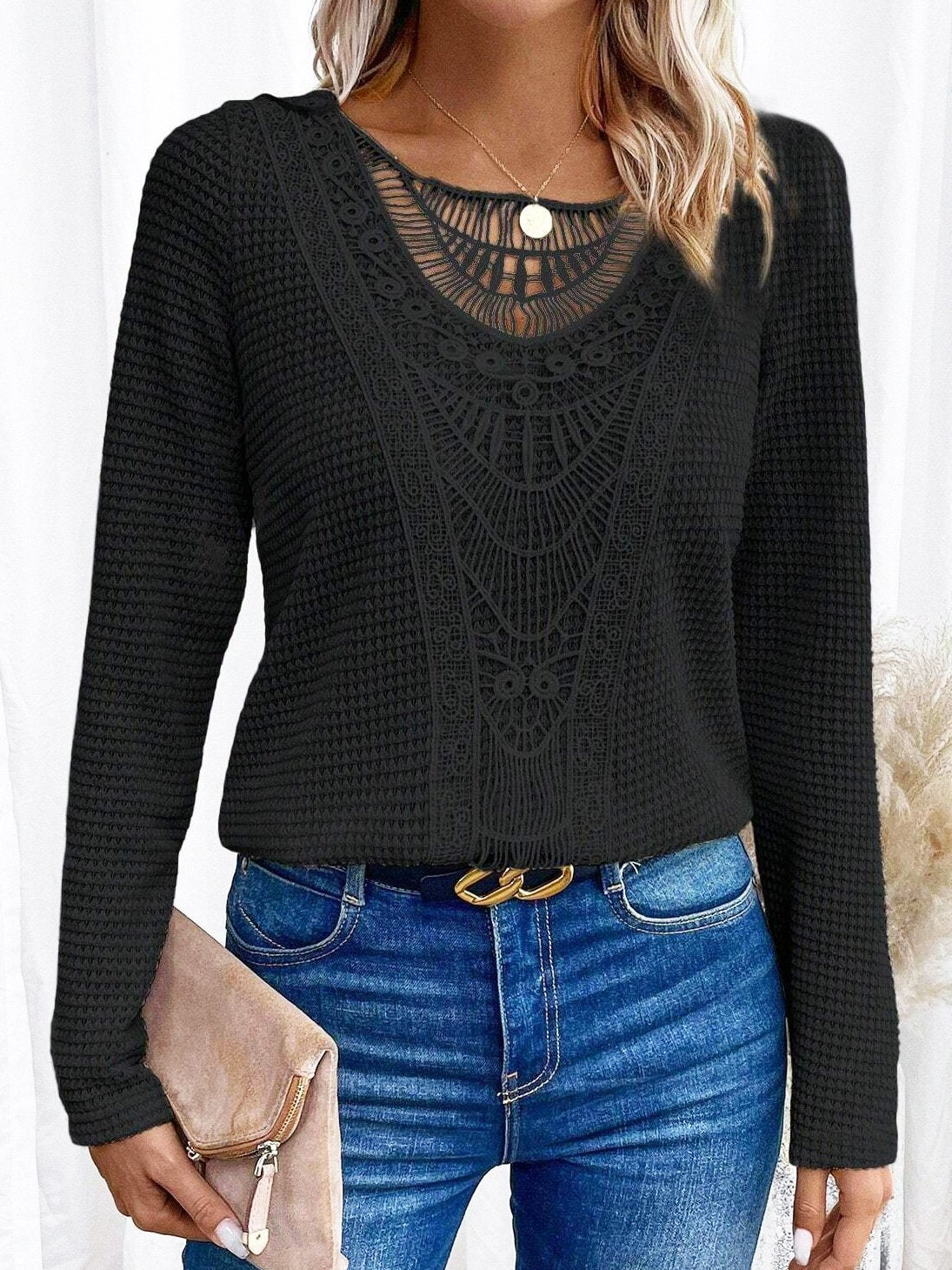 Women's Solid Color Lace Patchwork Round Neck Blouses