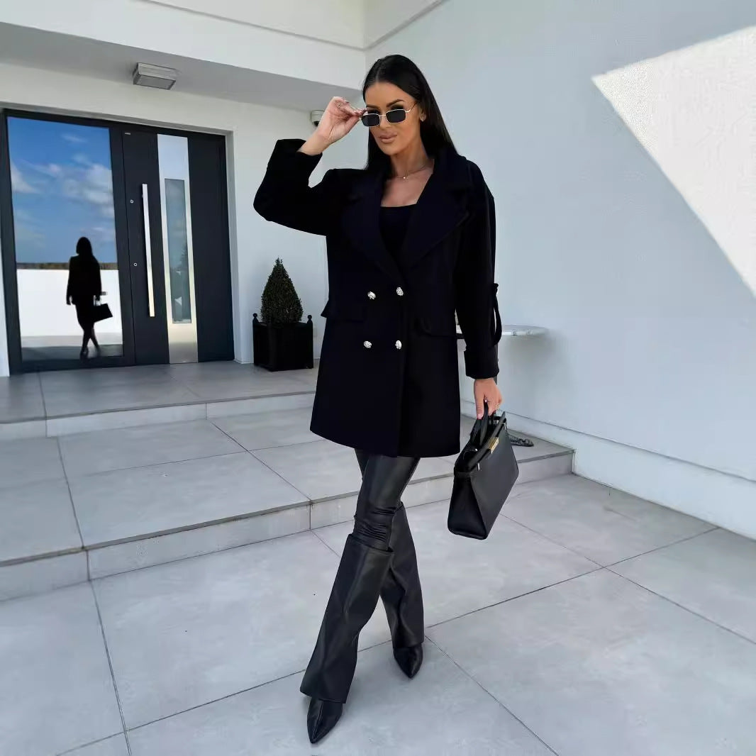 Women's Winter Solid Color Fashion Double-breasted Woolen Coats