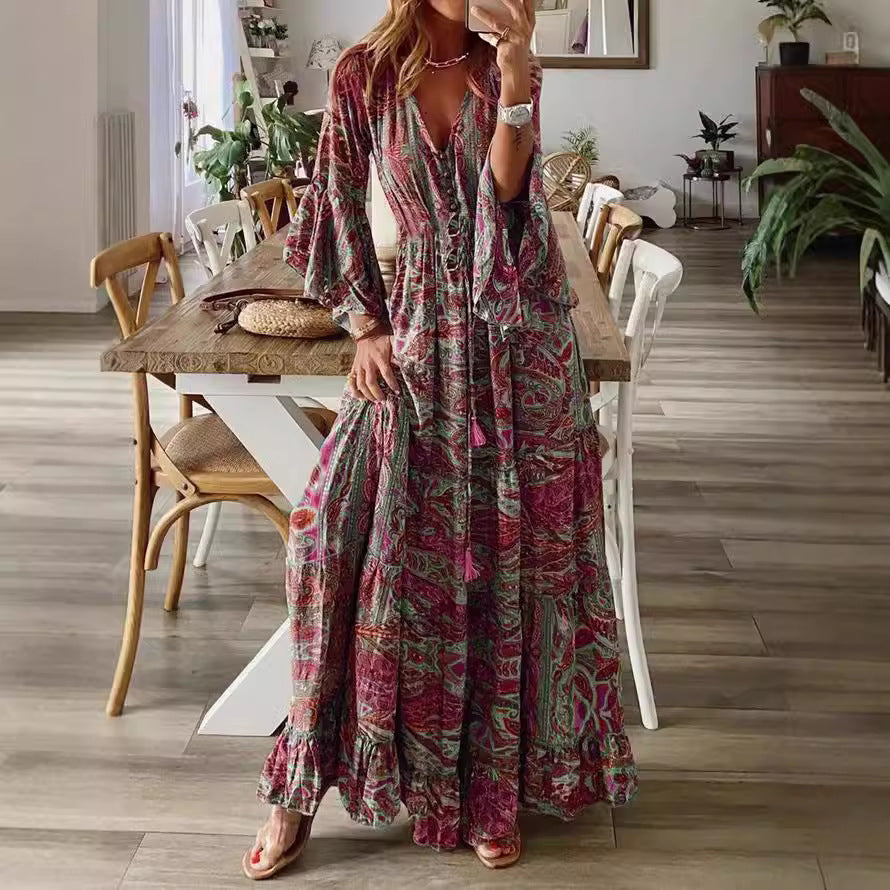 Robe de vacances bohème à manches évasées et taille haute imprimée