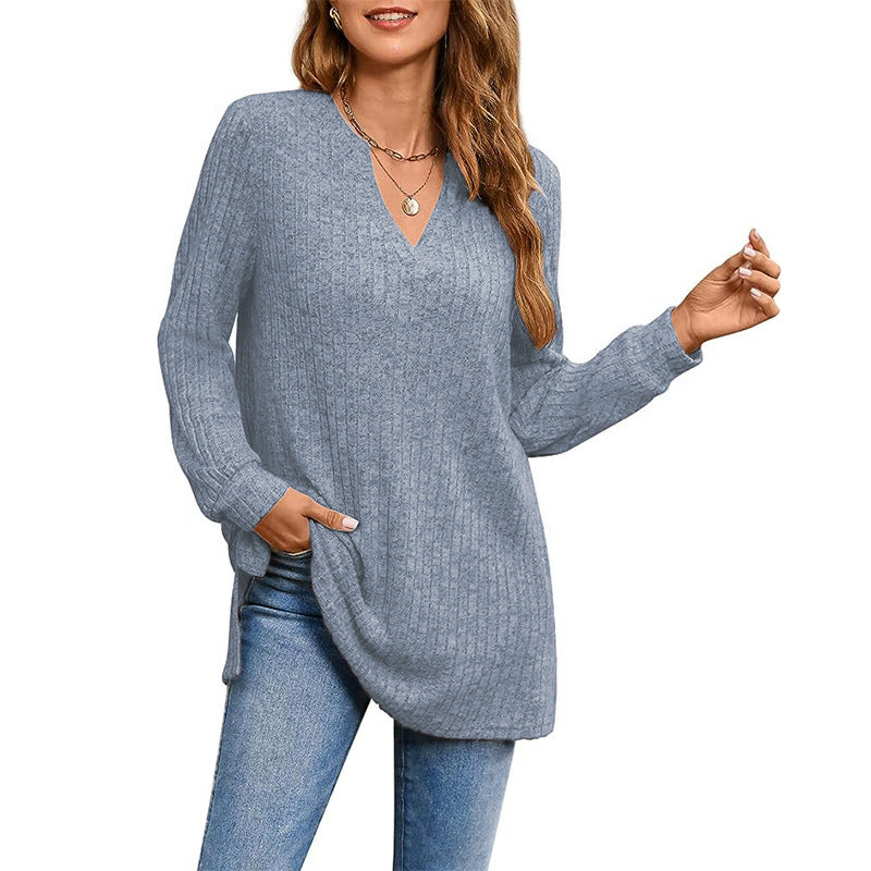 Women's Casual Long Sleeve Solid Color Side Slit Loose Knitwear