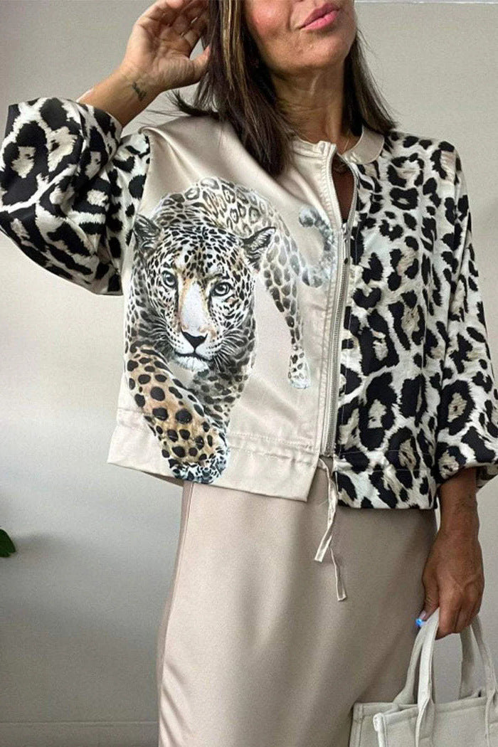 Women's Wear Autumn Leopard Animal Combination Printing Pilot Jackets