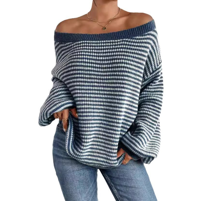 Women's Contrast Color Striped Lantern Sleeve Knitwear