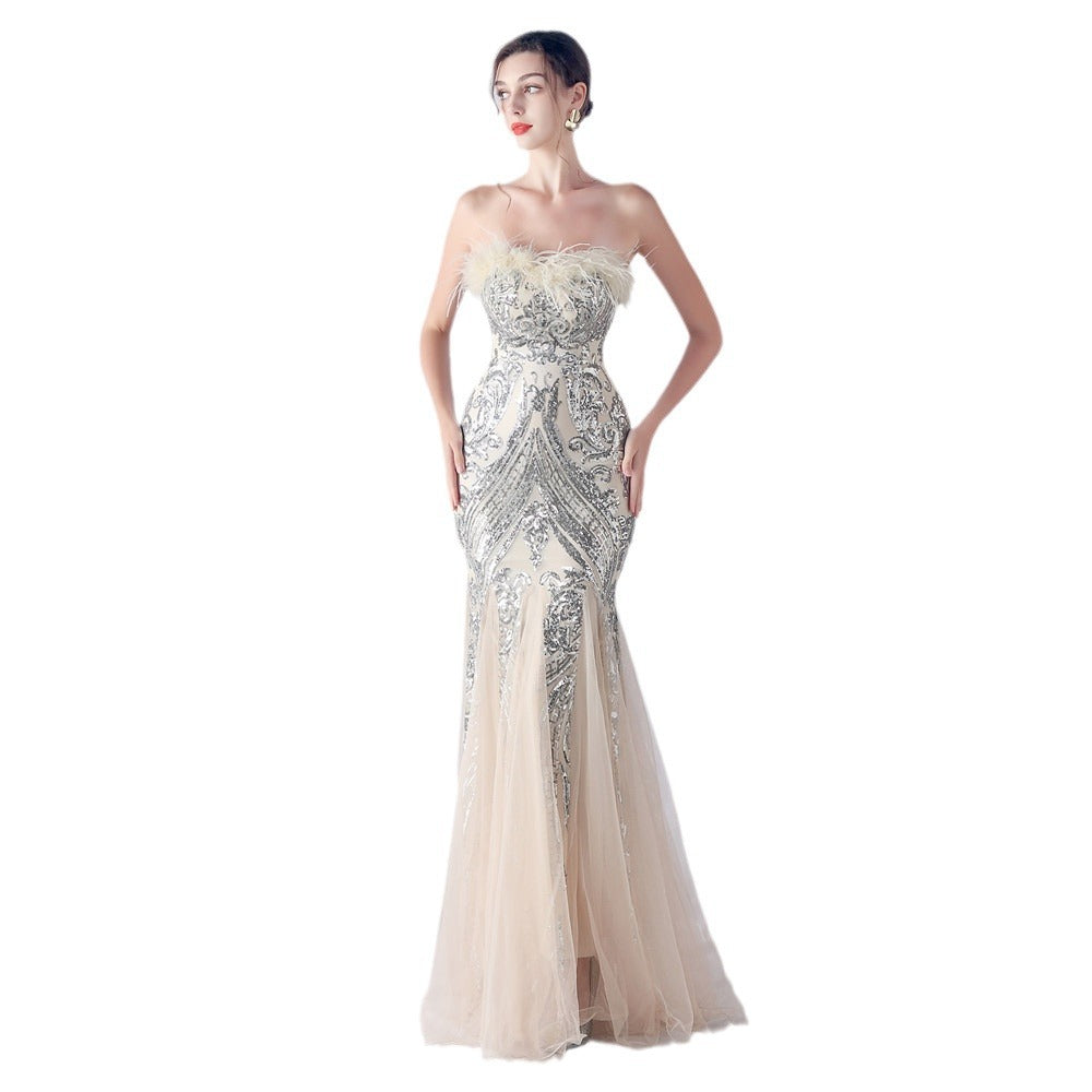 Positioning Flower Cutting Tube Sequin Gauze Evening Dresses