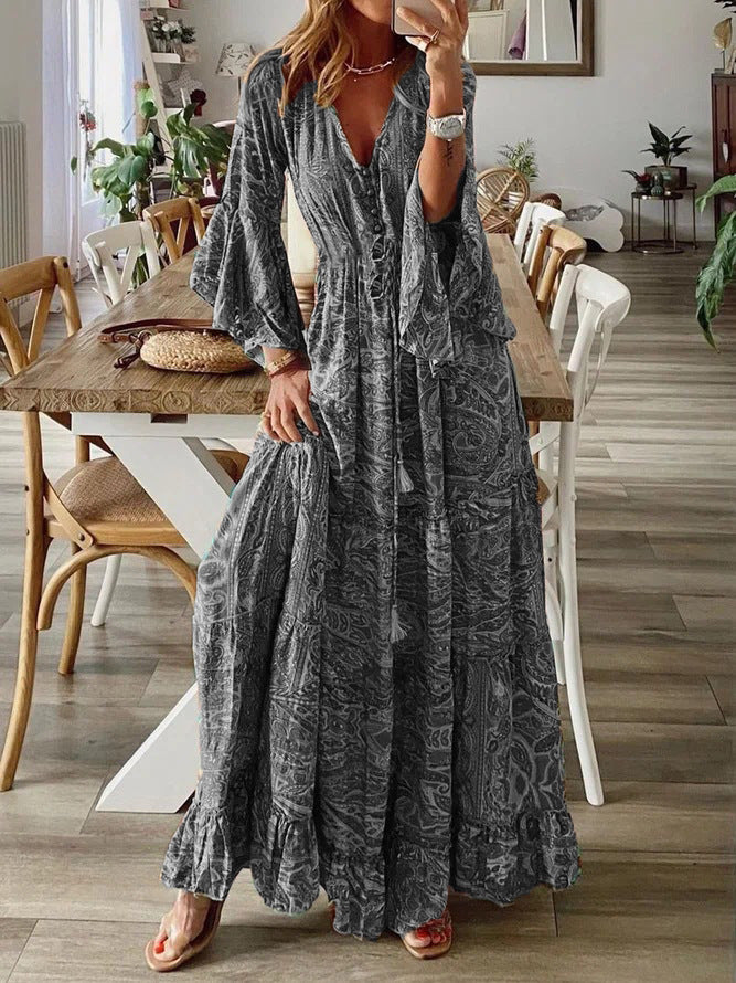 Robe de vacances bohème à manches évasées et taille haute imprimée