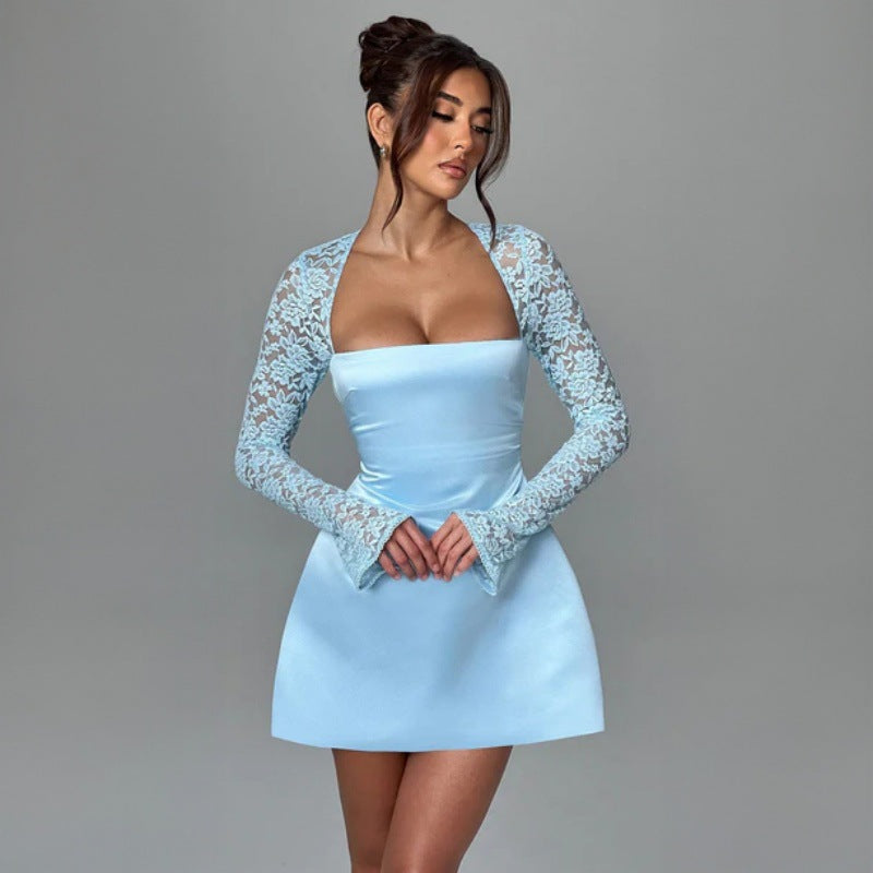 Robe de tempérament à manches en dentelle taille haute et décolletée pour femme