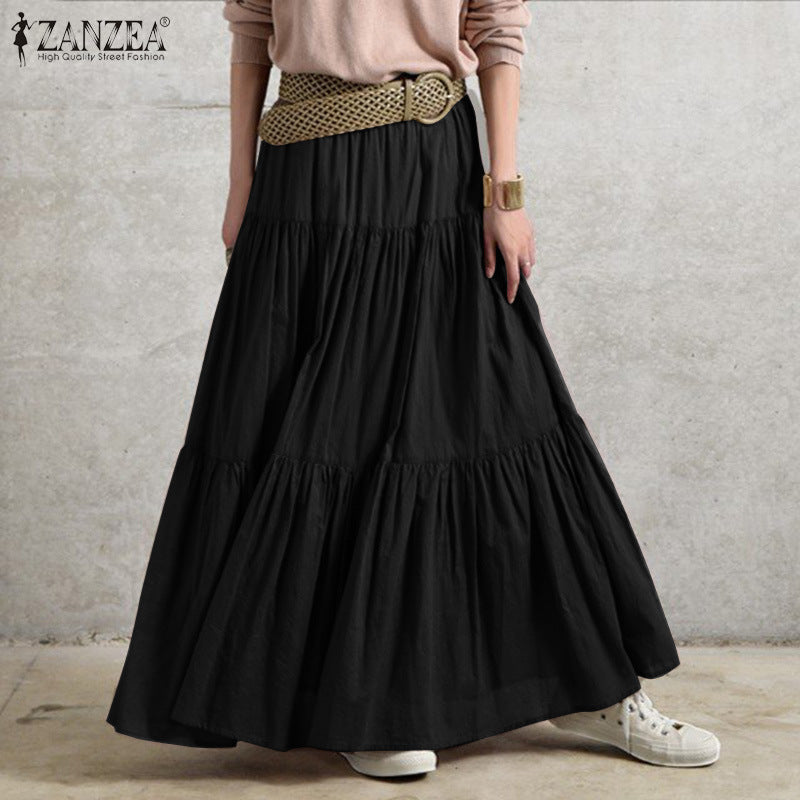 Linen Solid Color Pleated Loose Long Skirts