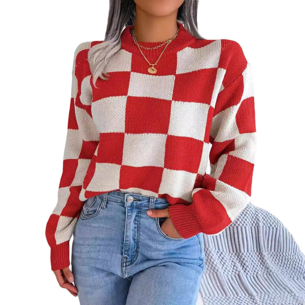 Women's Casual Plaid Long-sleeved Autumn Pullover Crew Knitwear