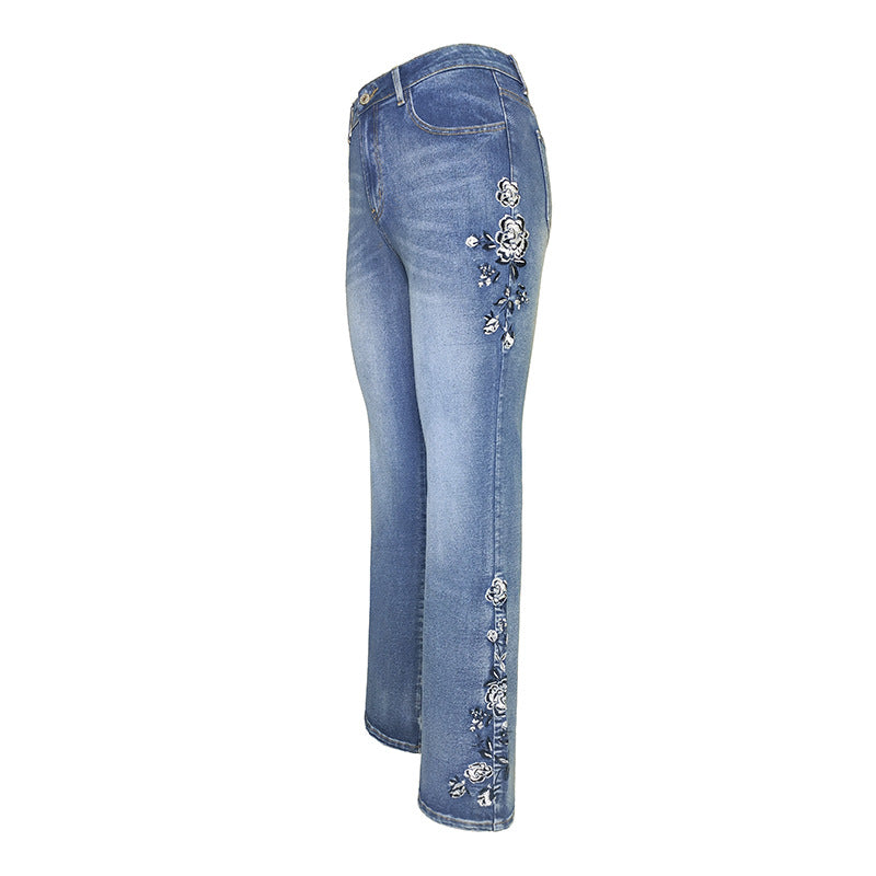 Women's Retro High-waisted Trousers Embroidered Figure Flattering Jeans