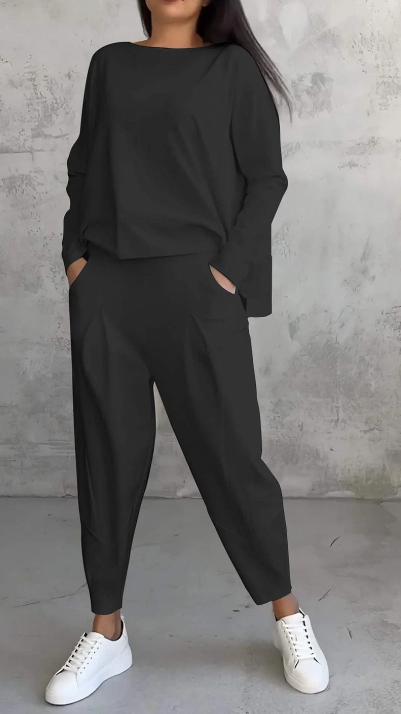 Women's Solid Color Round Neck Pocket Trousers Suits