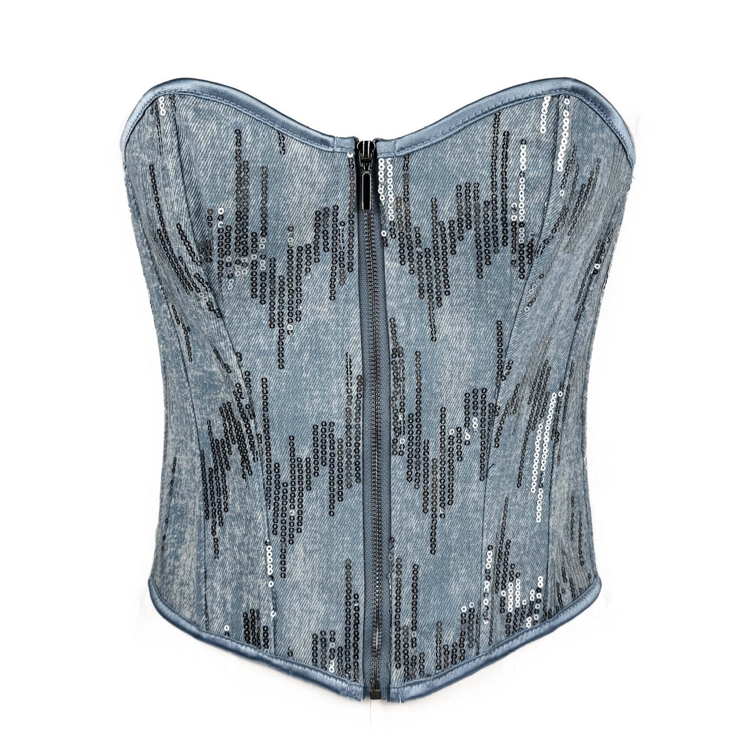 Women's Blue Zipper Strap Sier Paillette Denim Tops