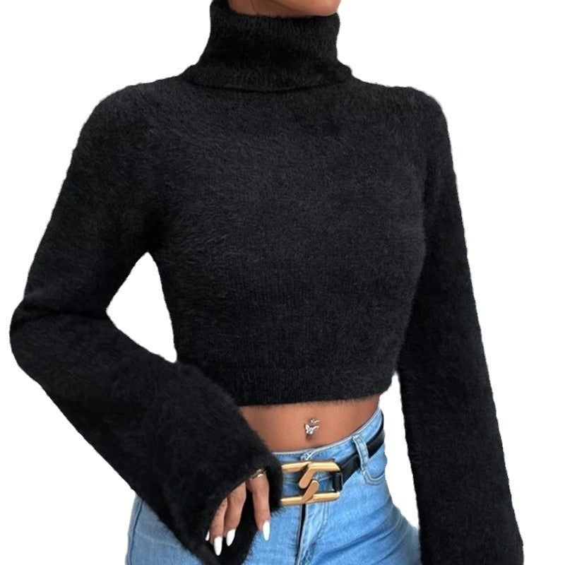 Classic High Neck Exposed Navel Plush Sweaters