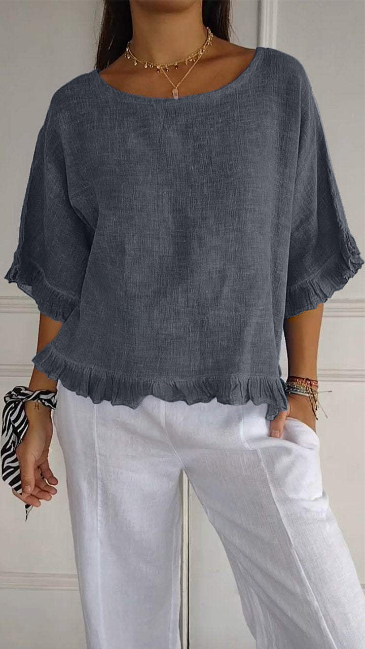 Women's Short-sleeved Round Neck Cotton Linen Solid Blouses