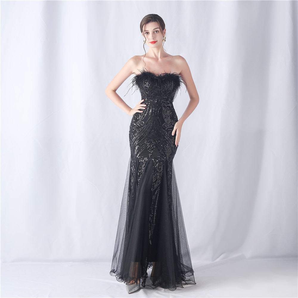 Positioning Flower Cutting Tube Sequin Gauze Evening Dresses