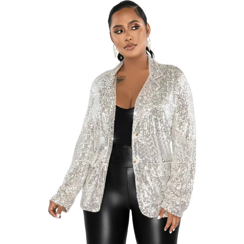 Women's Casual Long Sleeve Sequined Button Pocket Blazers