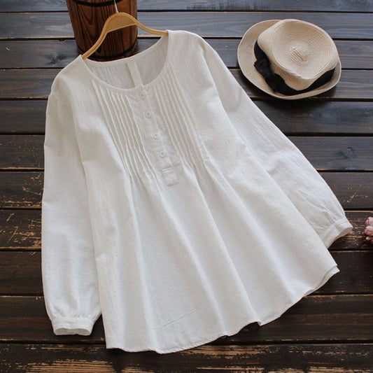 Women's Cotton Linen Long Sleeve Pleated Round Blouses