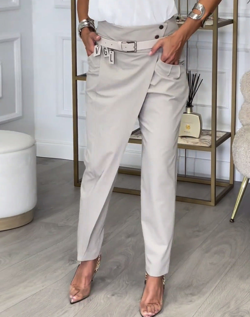 Women's Fashion Solid Color Pocket Irregular Casual Pants