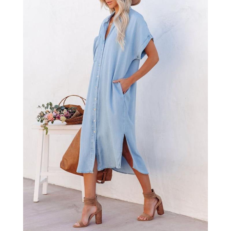 Fashion Solid Color Denim Sleeve Long Dresses