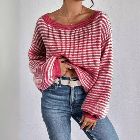 Women's Contrast Color Striped Lantern Sleeve Knitwear